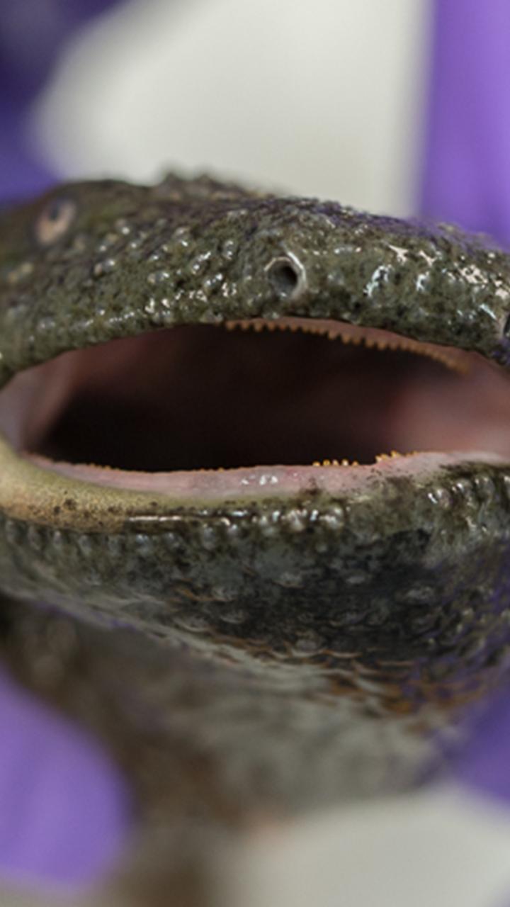 Close up of an Eastern hellbender's mouth
