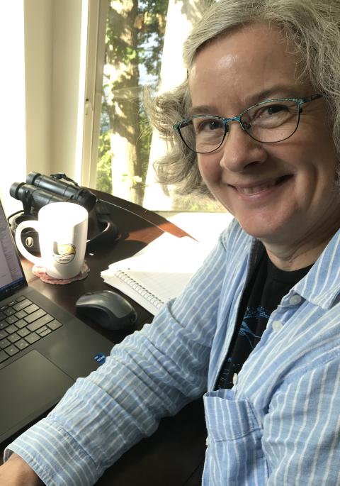 Rachel at her computer