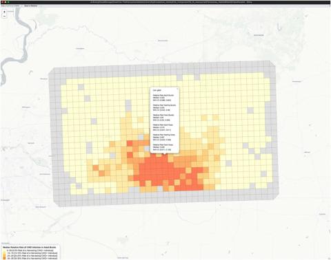 Screenshot of an example of output from the Habitat Risk tool for a selected area in southwestern Tennessee.