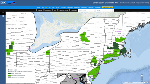 Current map of reported EEE cases by county, courtesy of CDC ArboNET