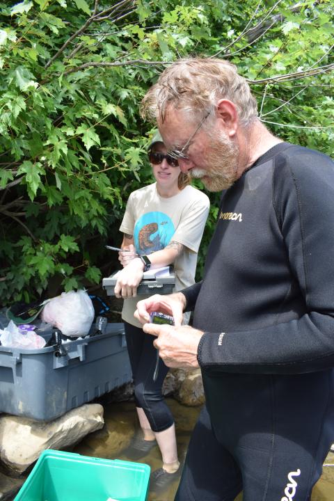 Ken Roblee photographing a hellbender and Melissa Fadden recording data.
