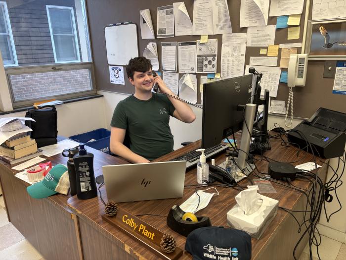 COlby in office on phone