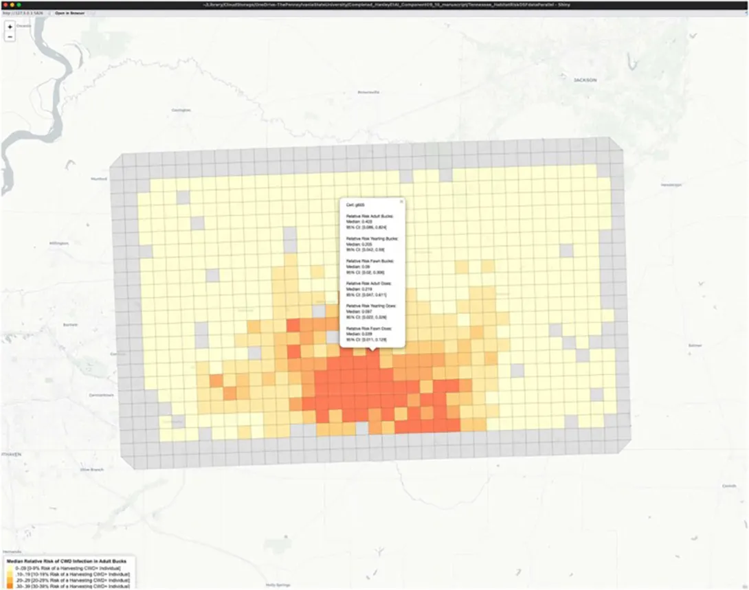 Screenshot of an example of output from the Habitat Risk tool for a selected area in southwestern Tennessee.