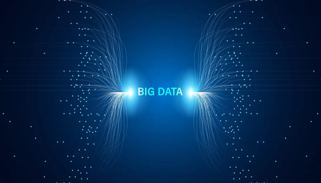 Data Warehouse icon on blue background with circles and symbols of data management