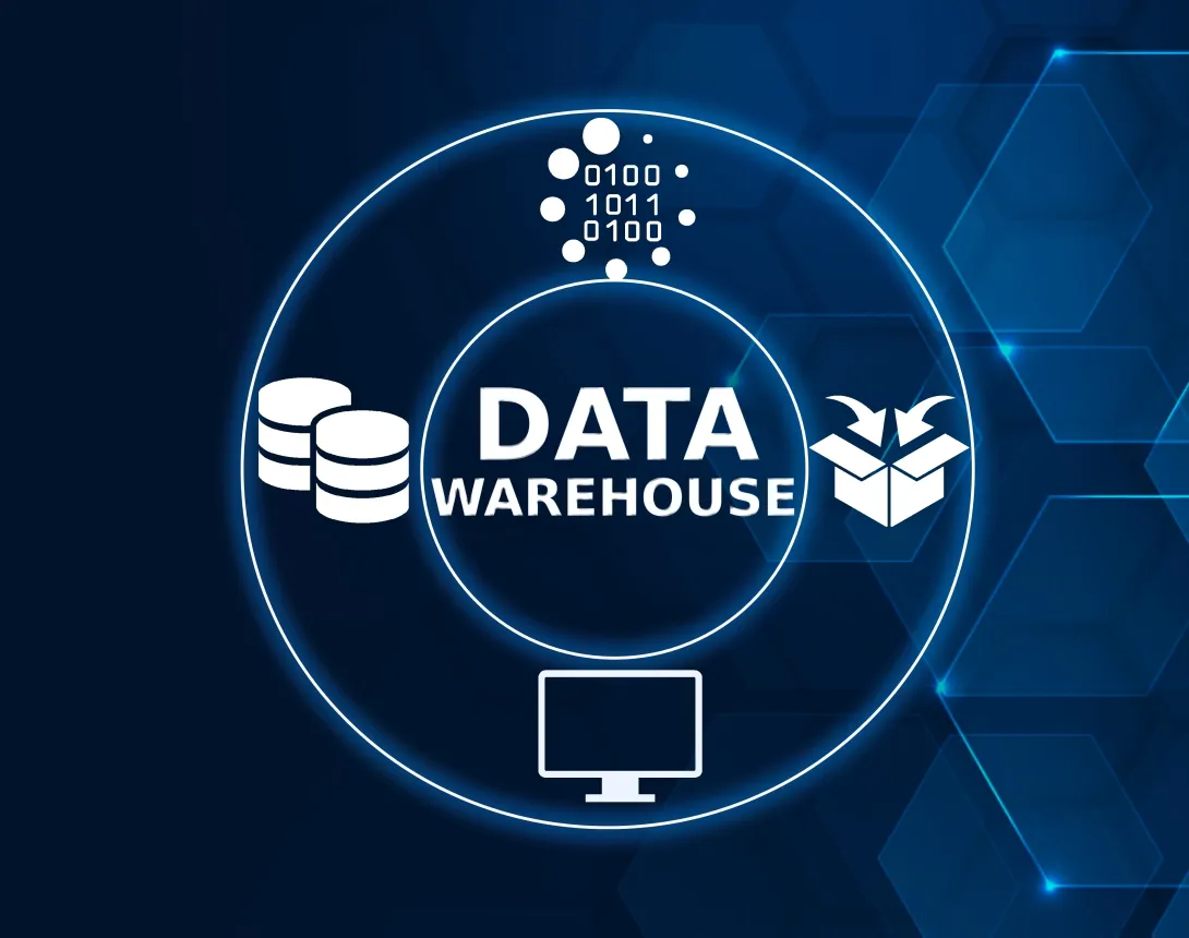Data Warehouse icon on blue background with circles and symbols of data management