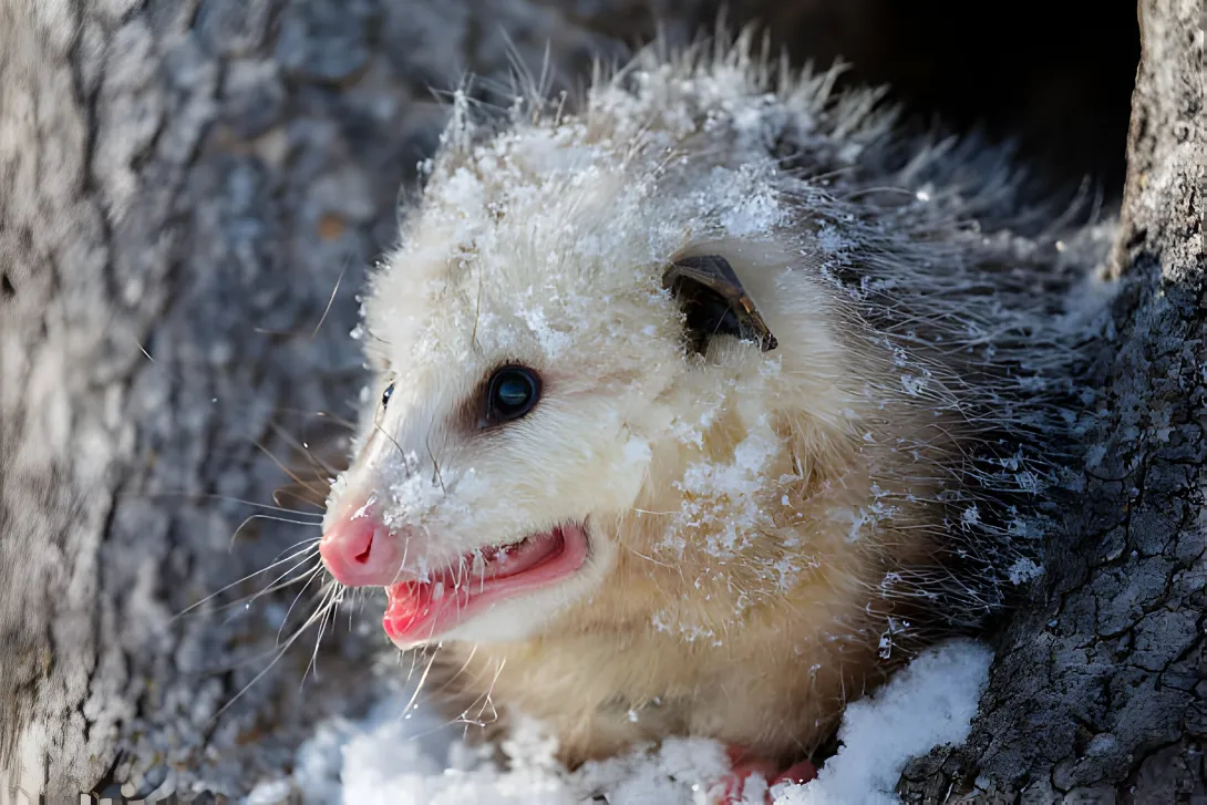 Virginia opossum in a tree in the snow