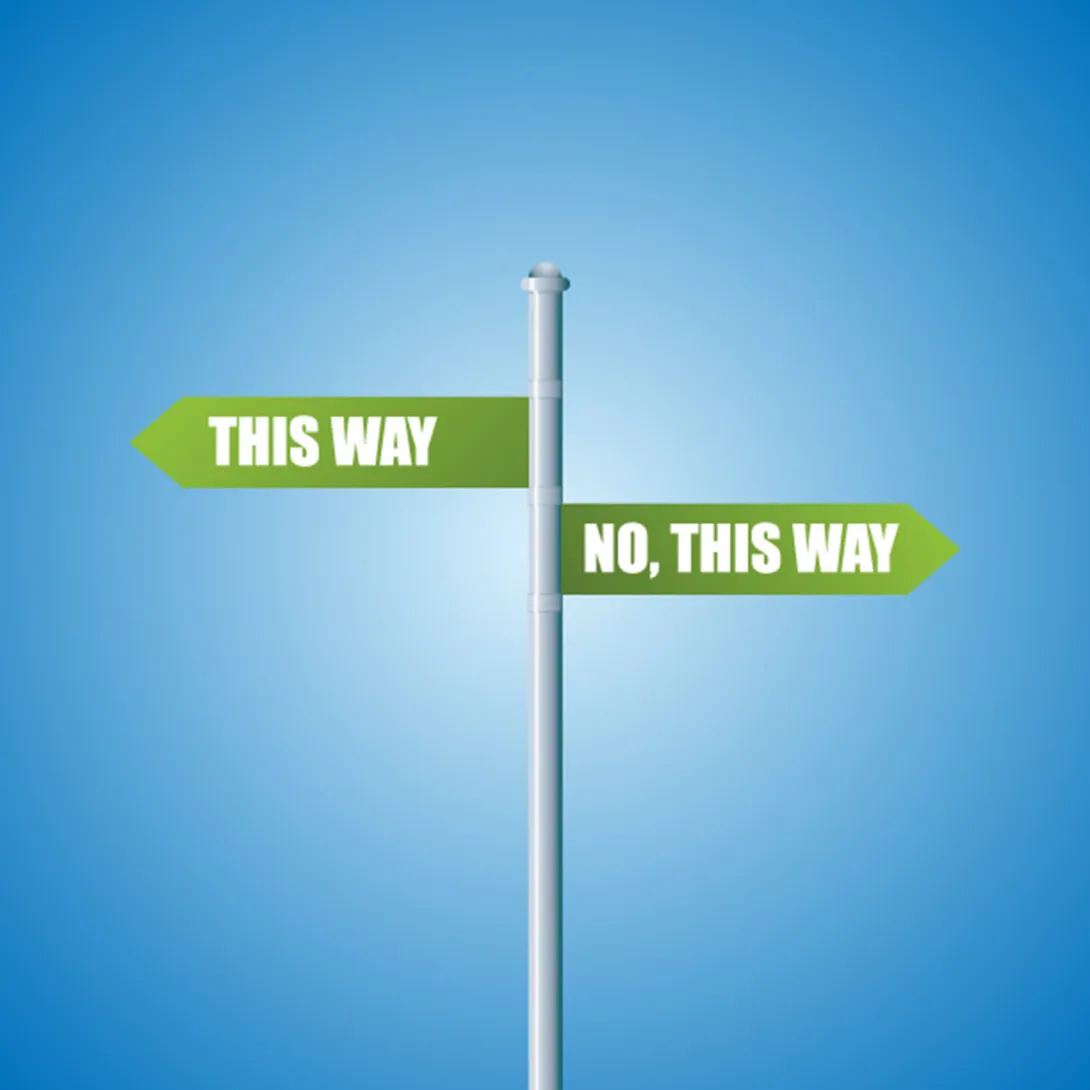 Green signs saying This Way and No That way on blue background