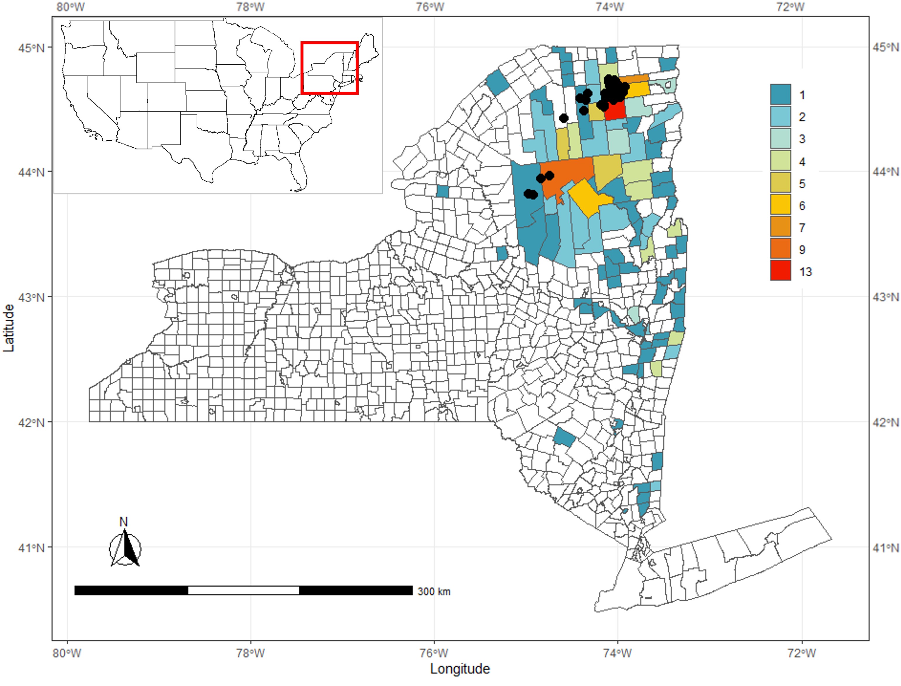 Township locations of moose (Alces alces) necropsies in New York State conducted 2000-22. Colors correspond to the number of necropsied moose found in each township. Black dots show the locations of live-captured moose that were sampled 2015-23.
