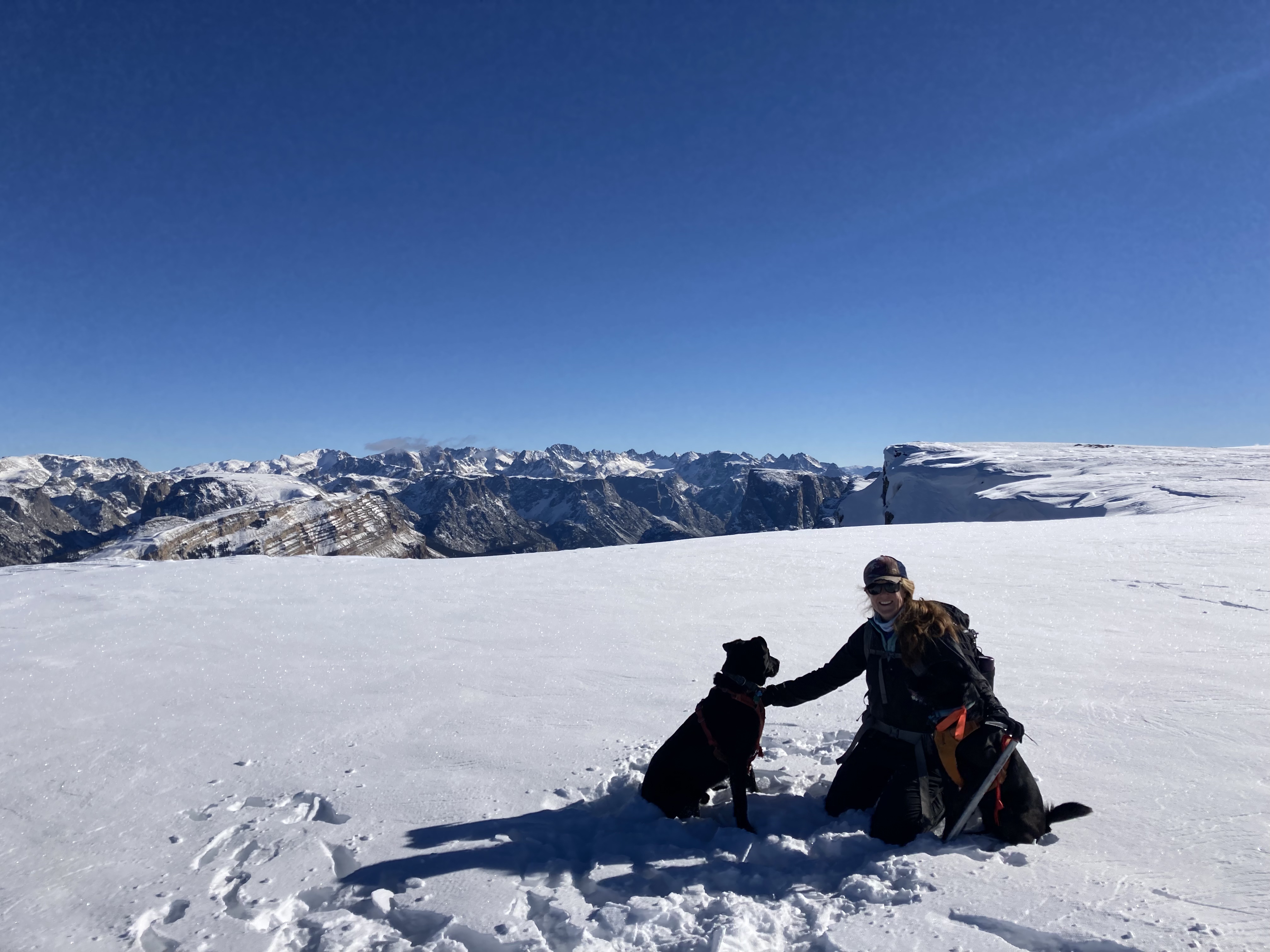 Brenda and her wo dogs hiking in the snow